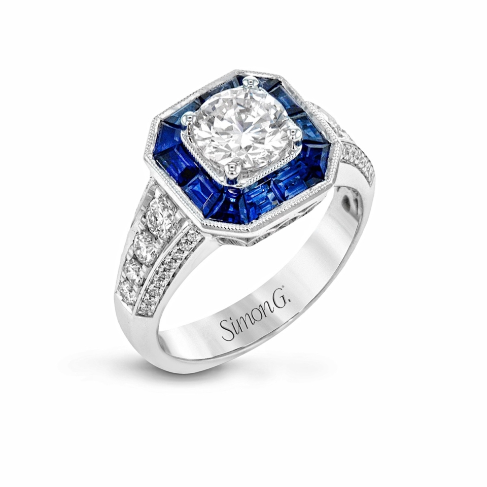 Round Diamond Engagement Ring With Blue Sapphire Octagon Halo